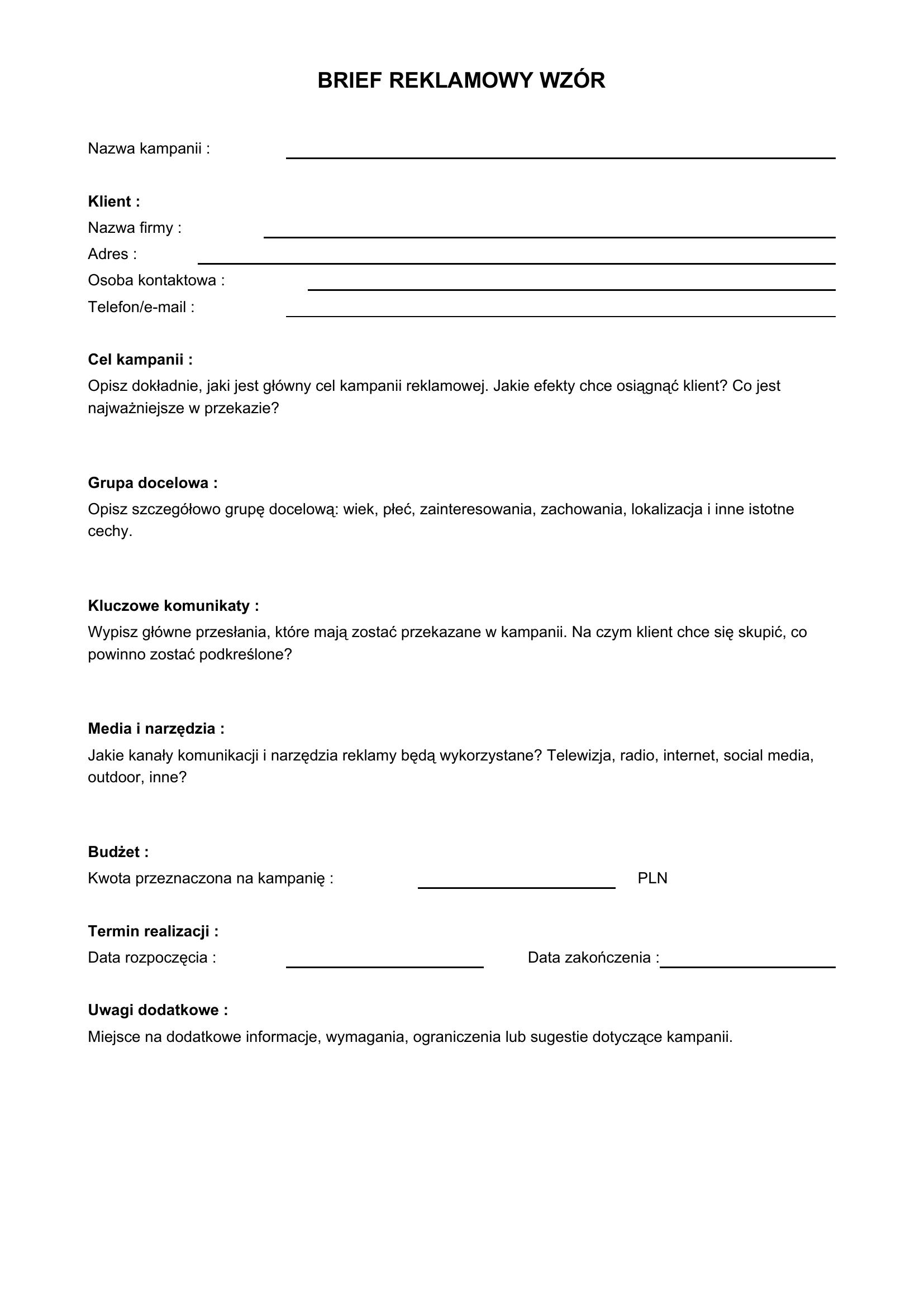 Brief Reklamowy Wzór