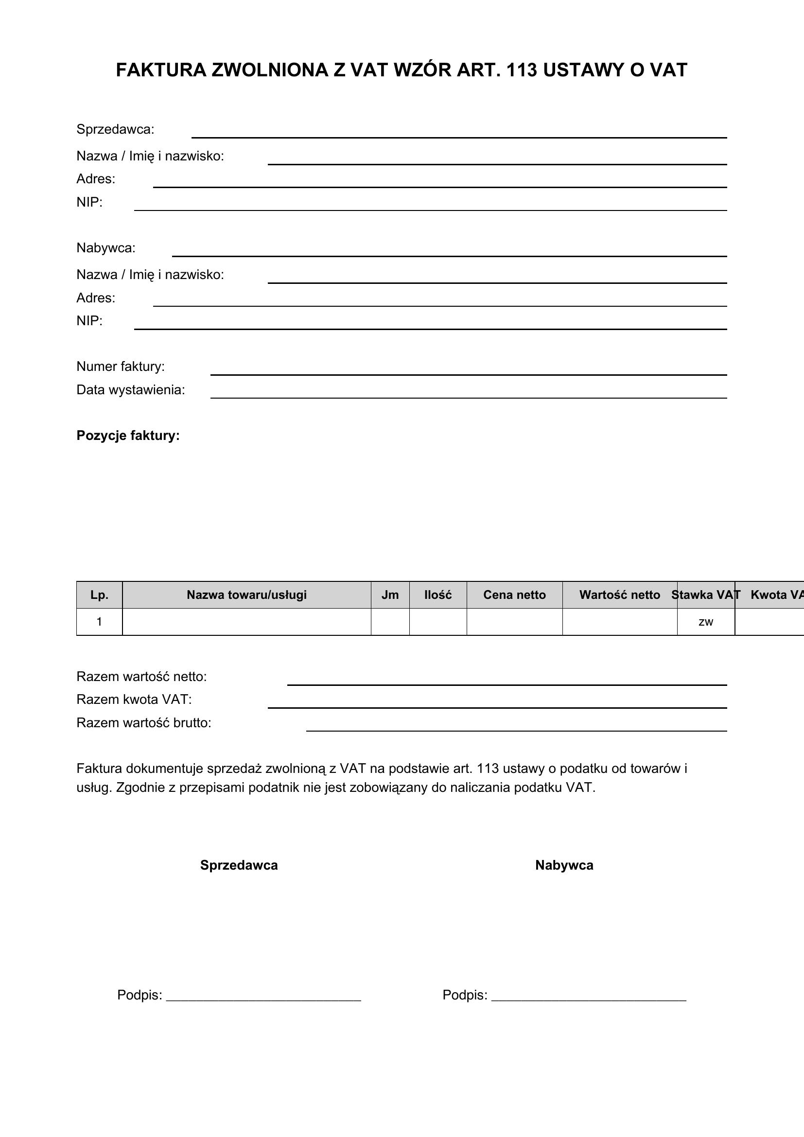 Faktura Zwolniona Z Vat - Wzór Art 113