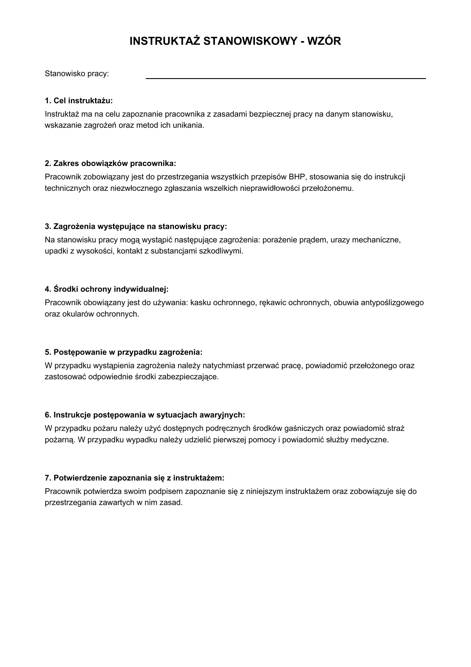 Instruktaż Stanowiskowy Wzór