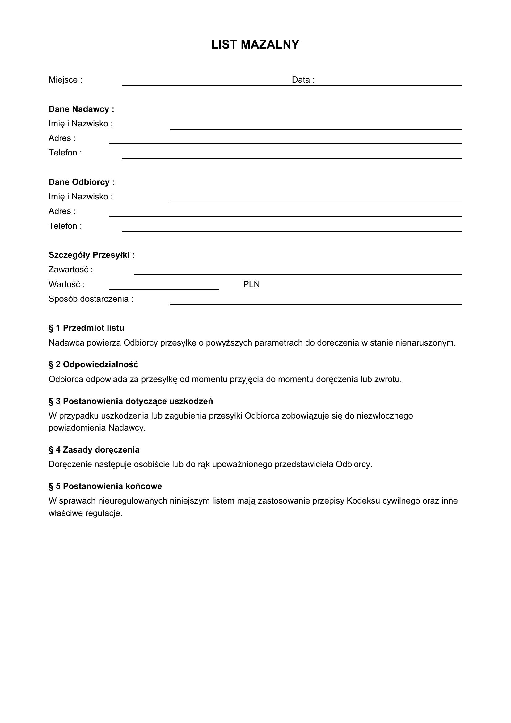 List Mazalny Wzór