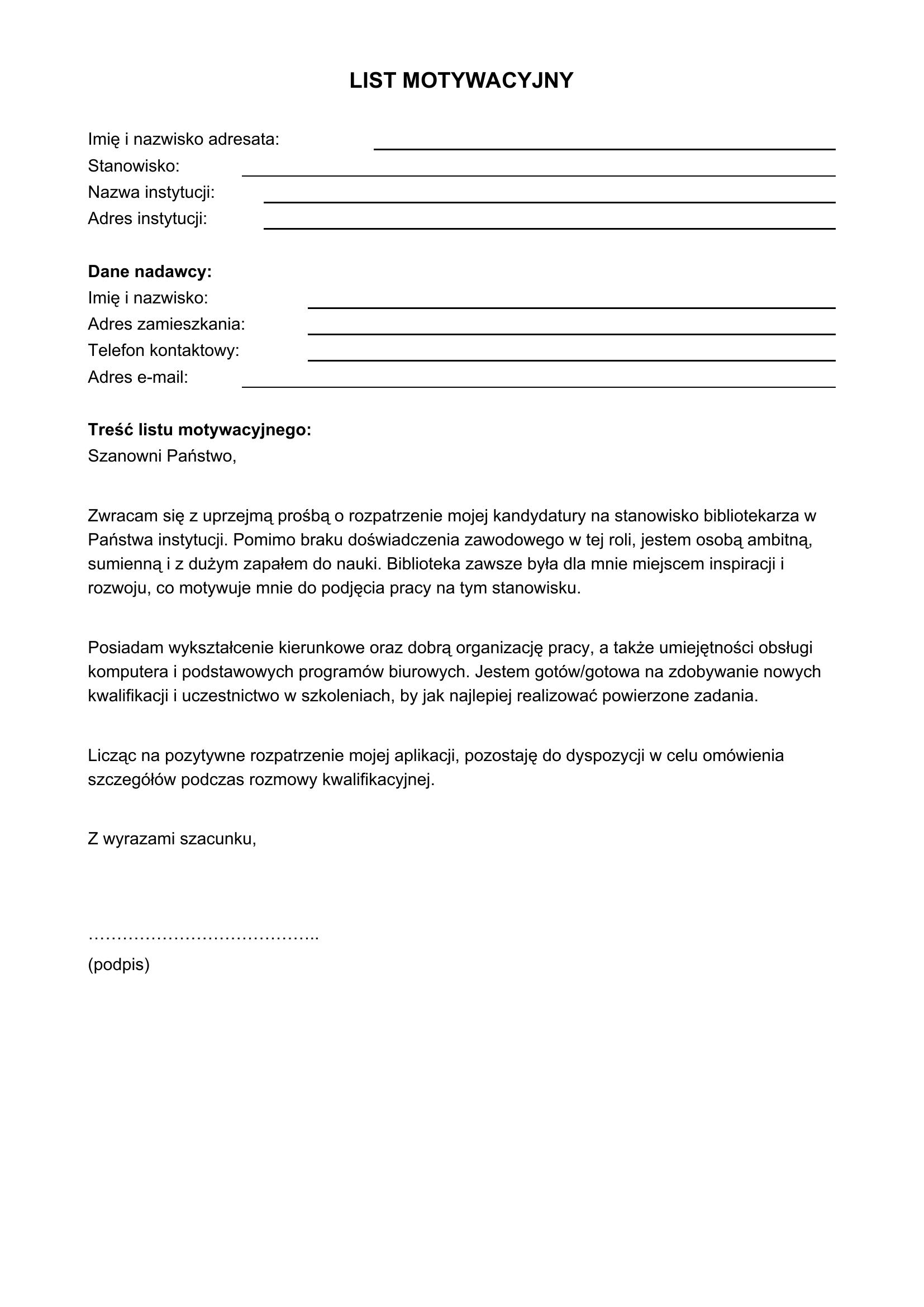 List Motywacyjny Bibliotekarz Bez Doświadczenia