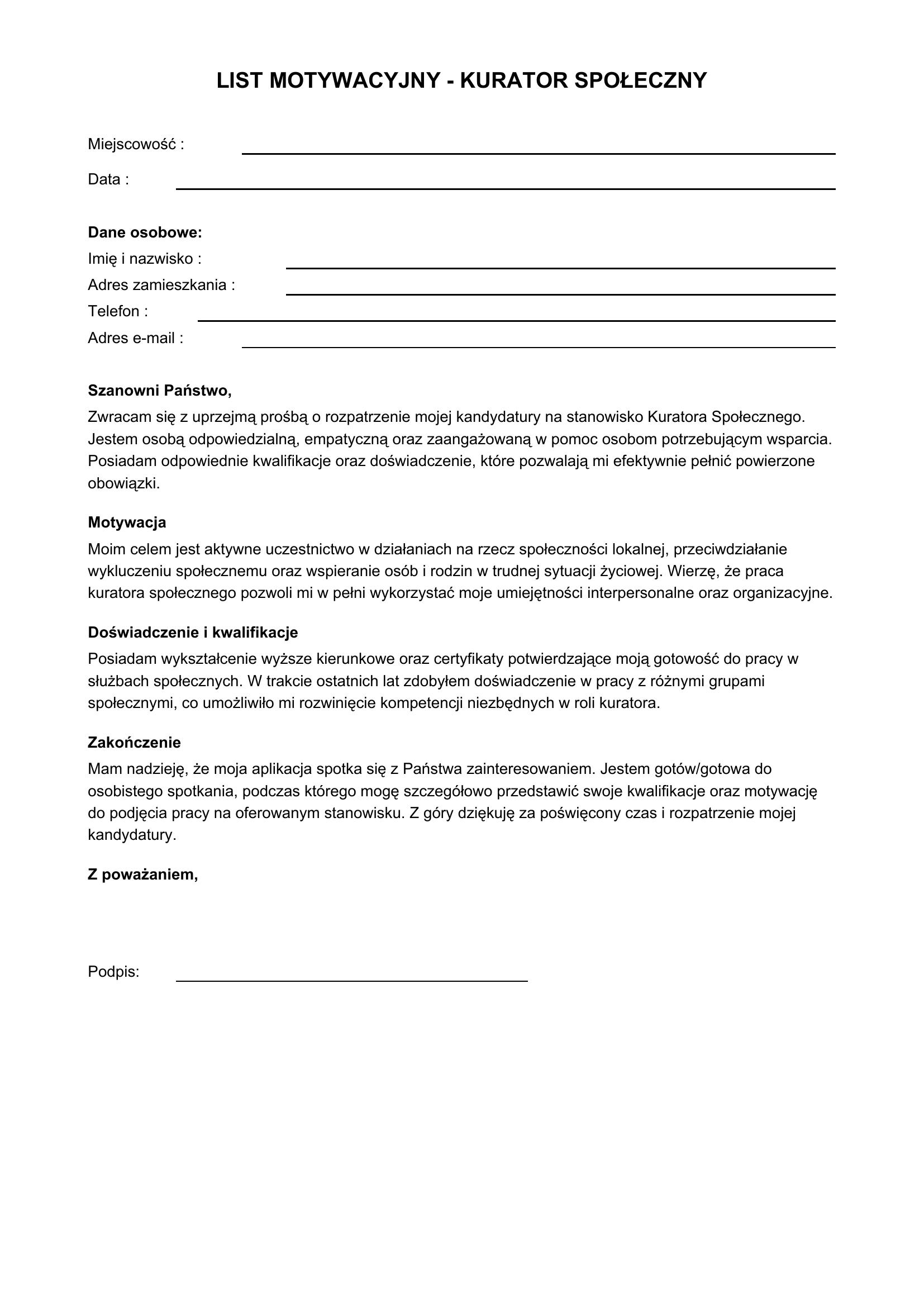 List Motywacyjny Kurator Społeczny