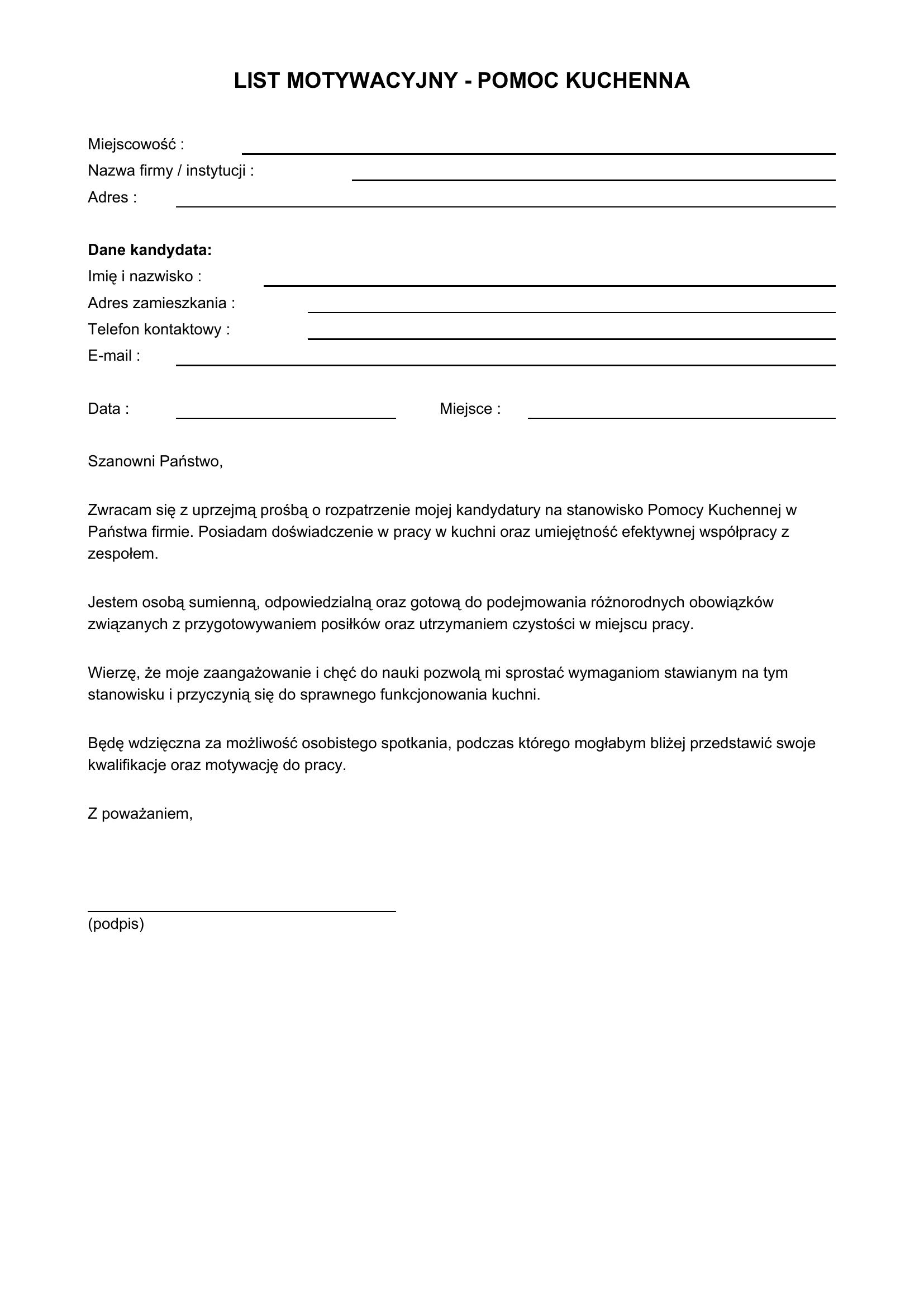 List Motywacyjny Pomoc Kuchenna