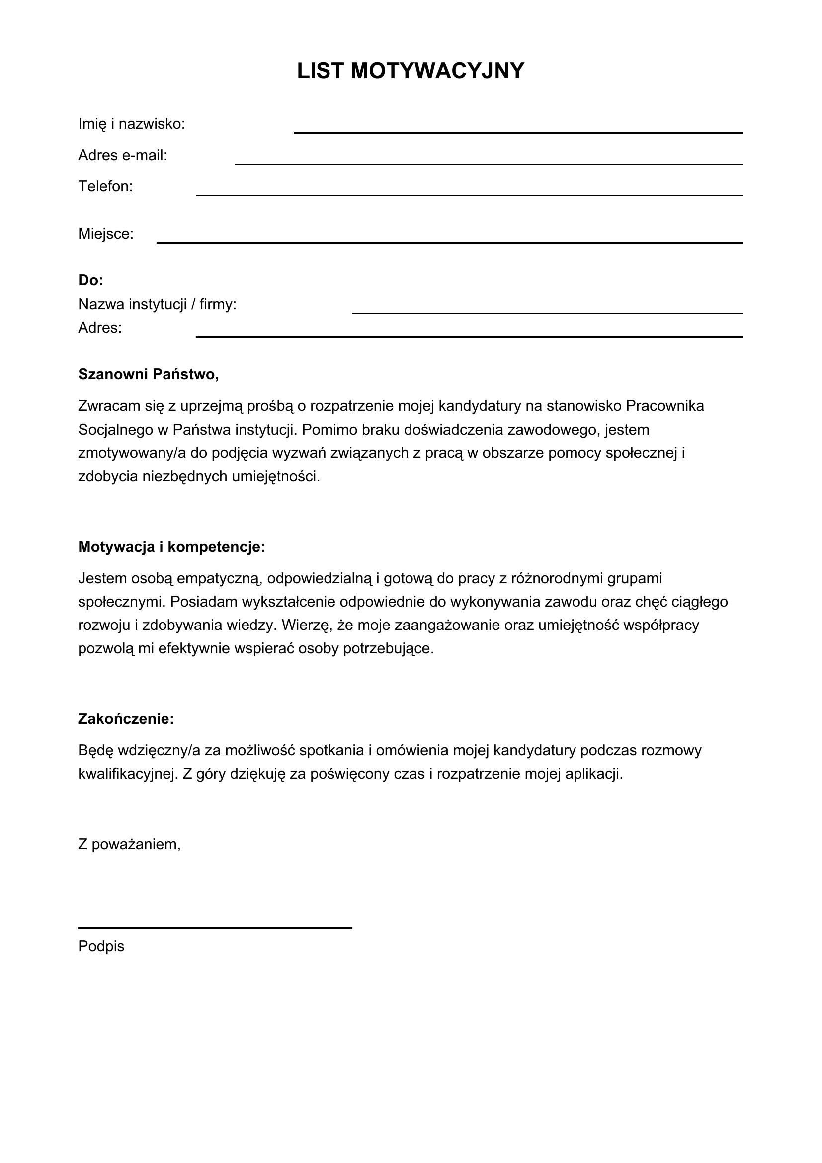 List Motywacyjny Pracownik Socjalny Bez Doświadczenia