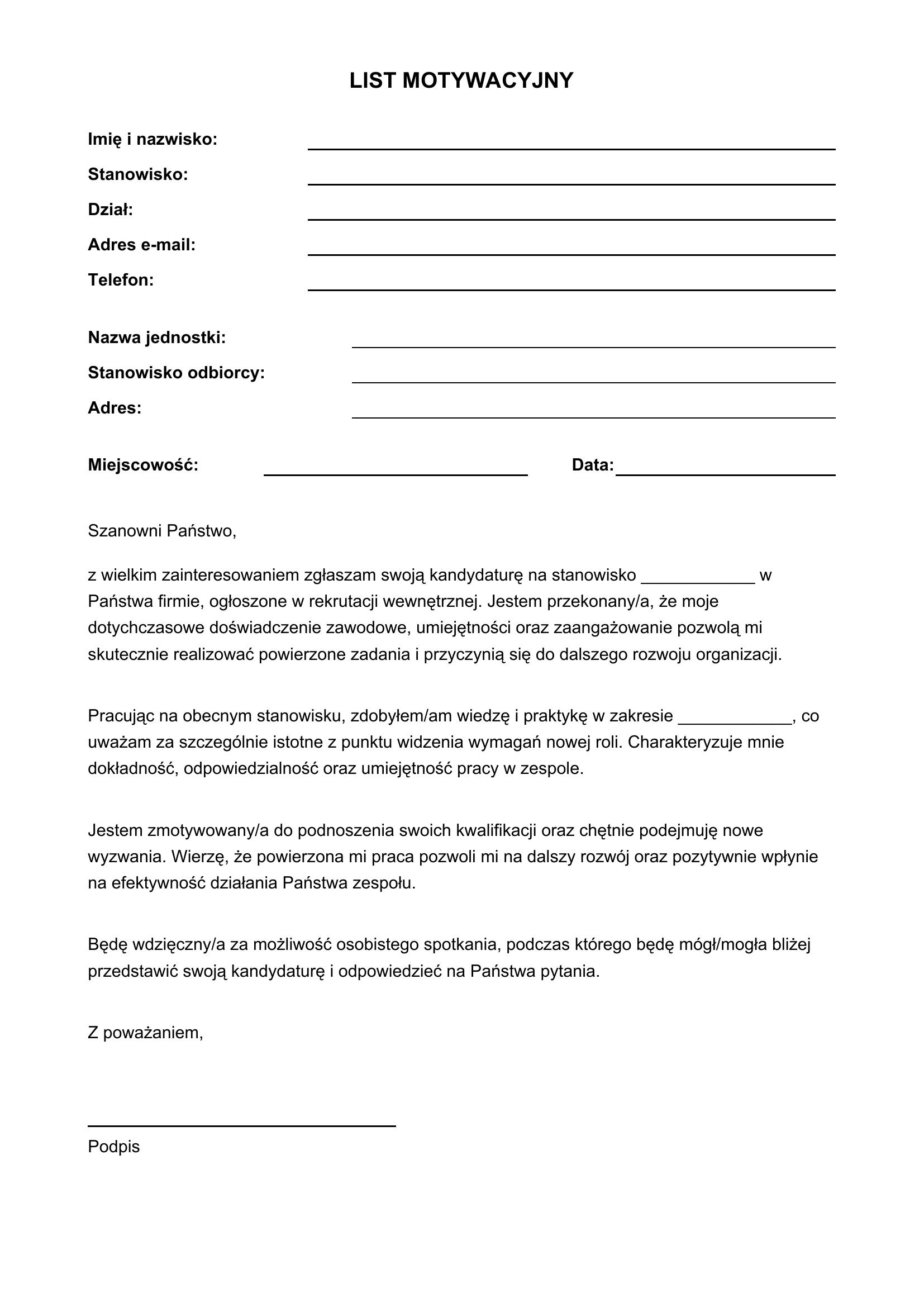 List Motywacyjny Rekrutacja Wewnętrzna Wzór