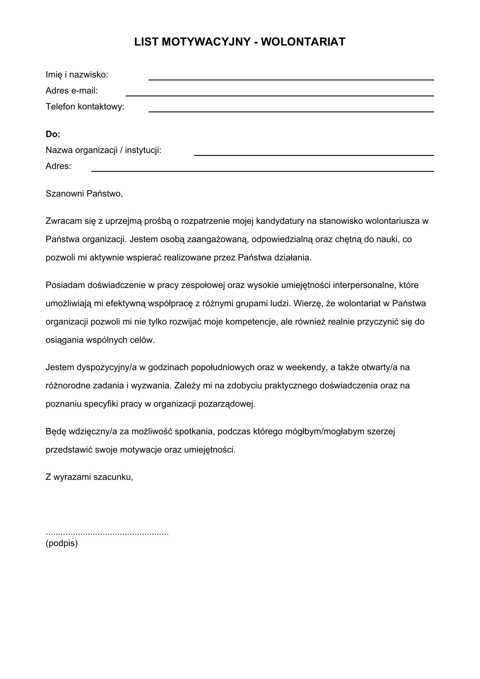 List Motywacyjny Wolontariat