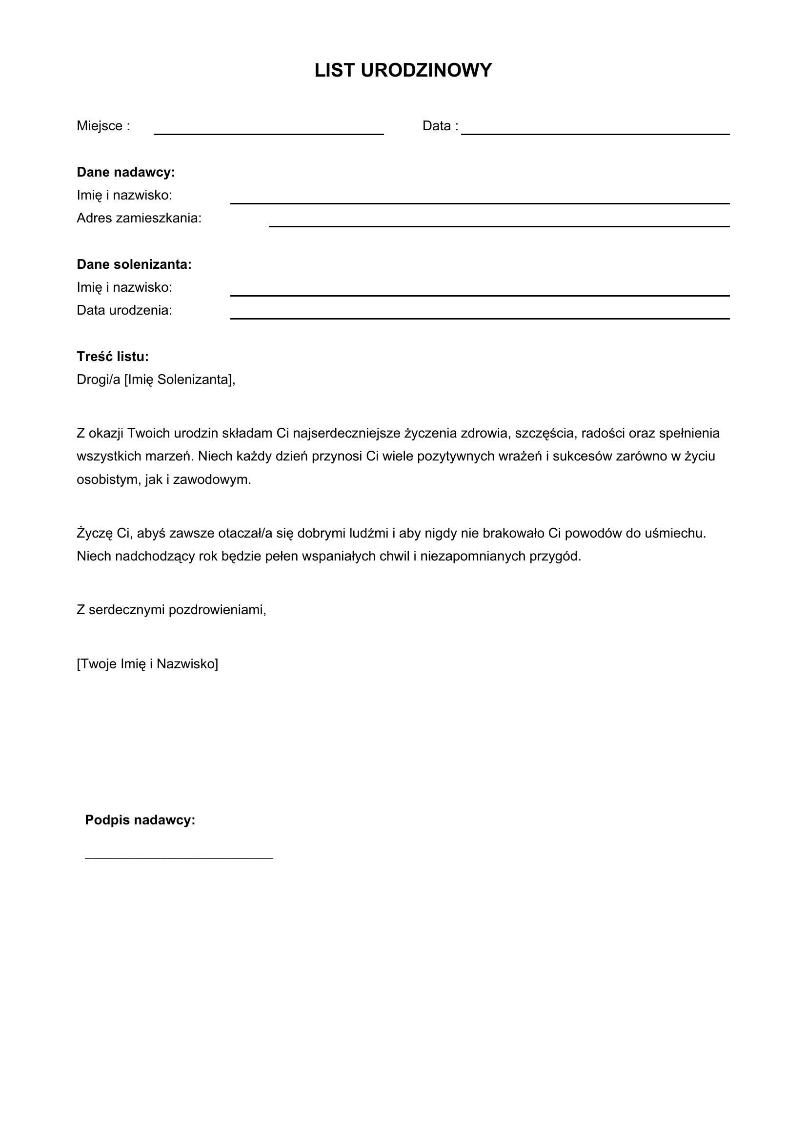 List Urodzinowy