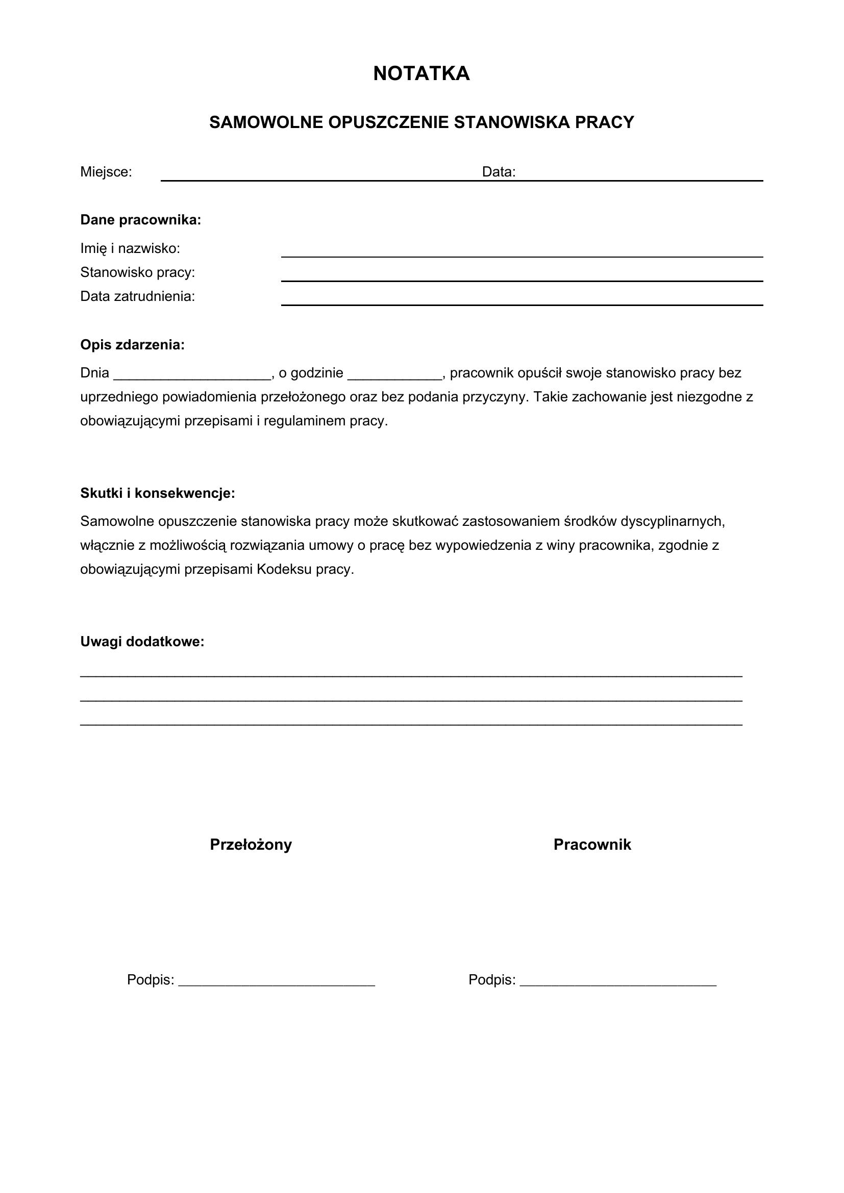 Notatka Samowolne Opuszczenie Stanowiska Pracy Wzór