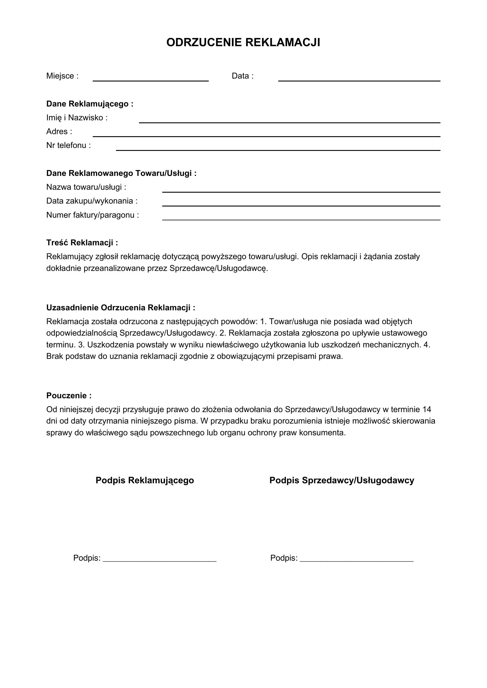 Odrzucenie Reklamacji Wzór-
