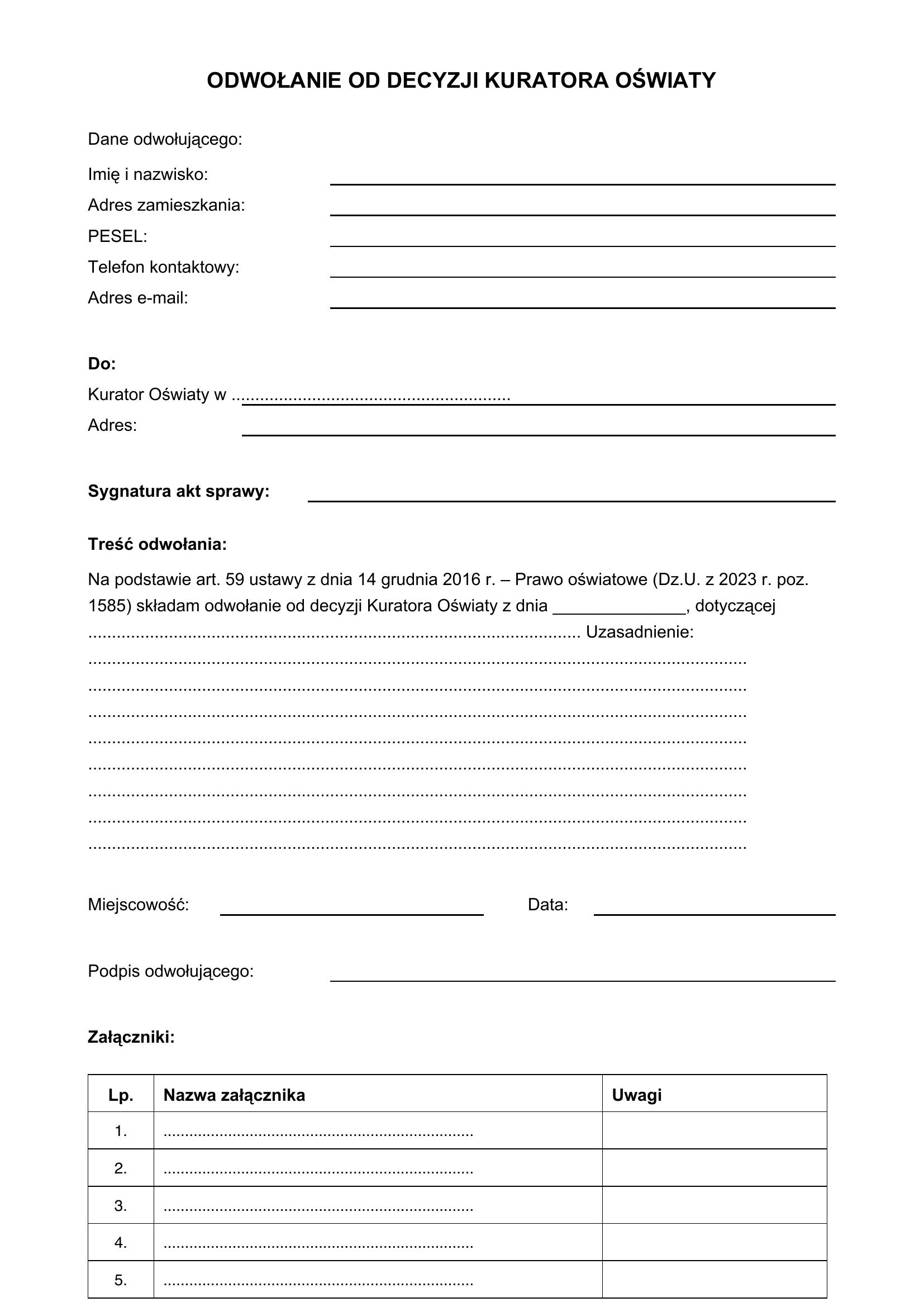 Odwołanie Od Decyzji Kuratora Oświaty Wzór