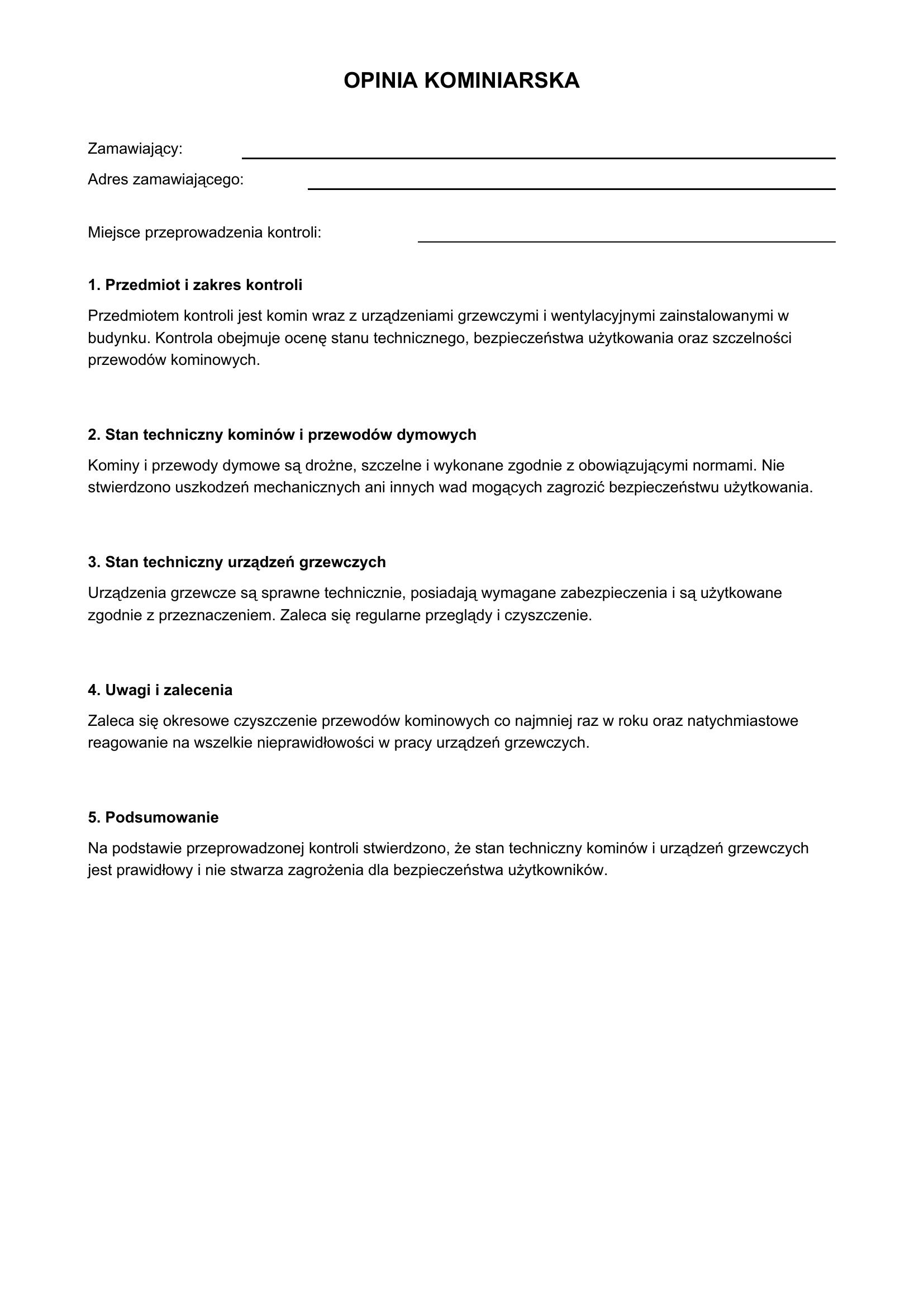 Opinia Kominiarska Wzór