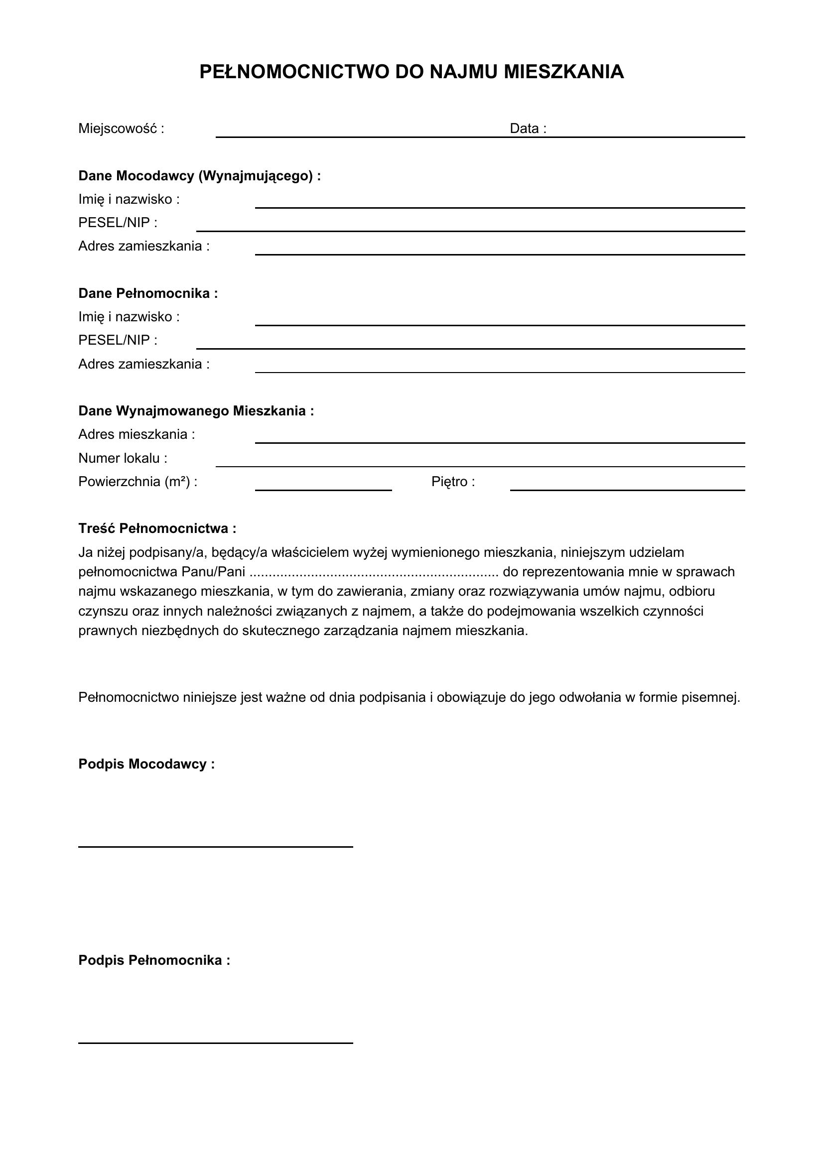 Pełnomocnictwo Do Najmu Mieszkania
