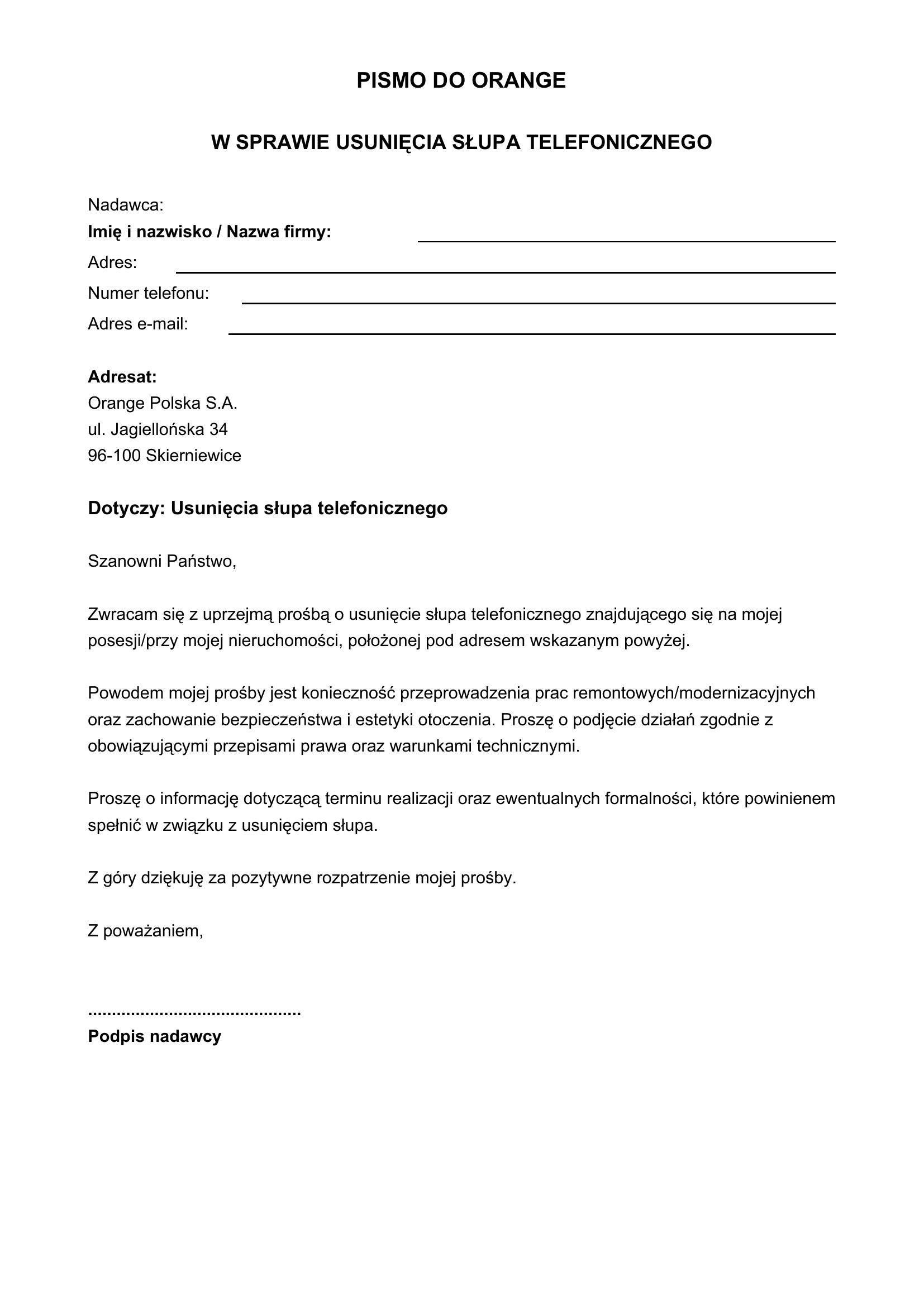 Pismo Do Orange O Usunięcie Słupa Telefonicznego