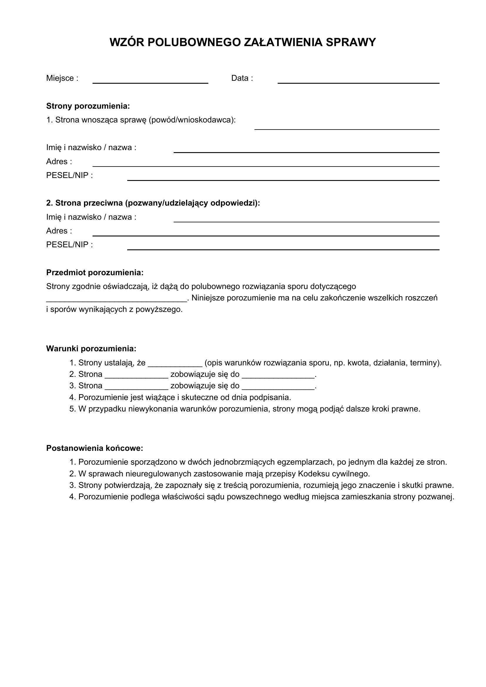 Polubowne Załatwienie Sprawy Wzór