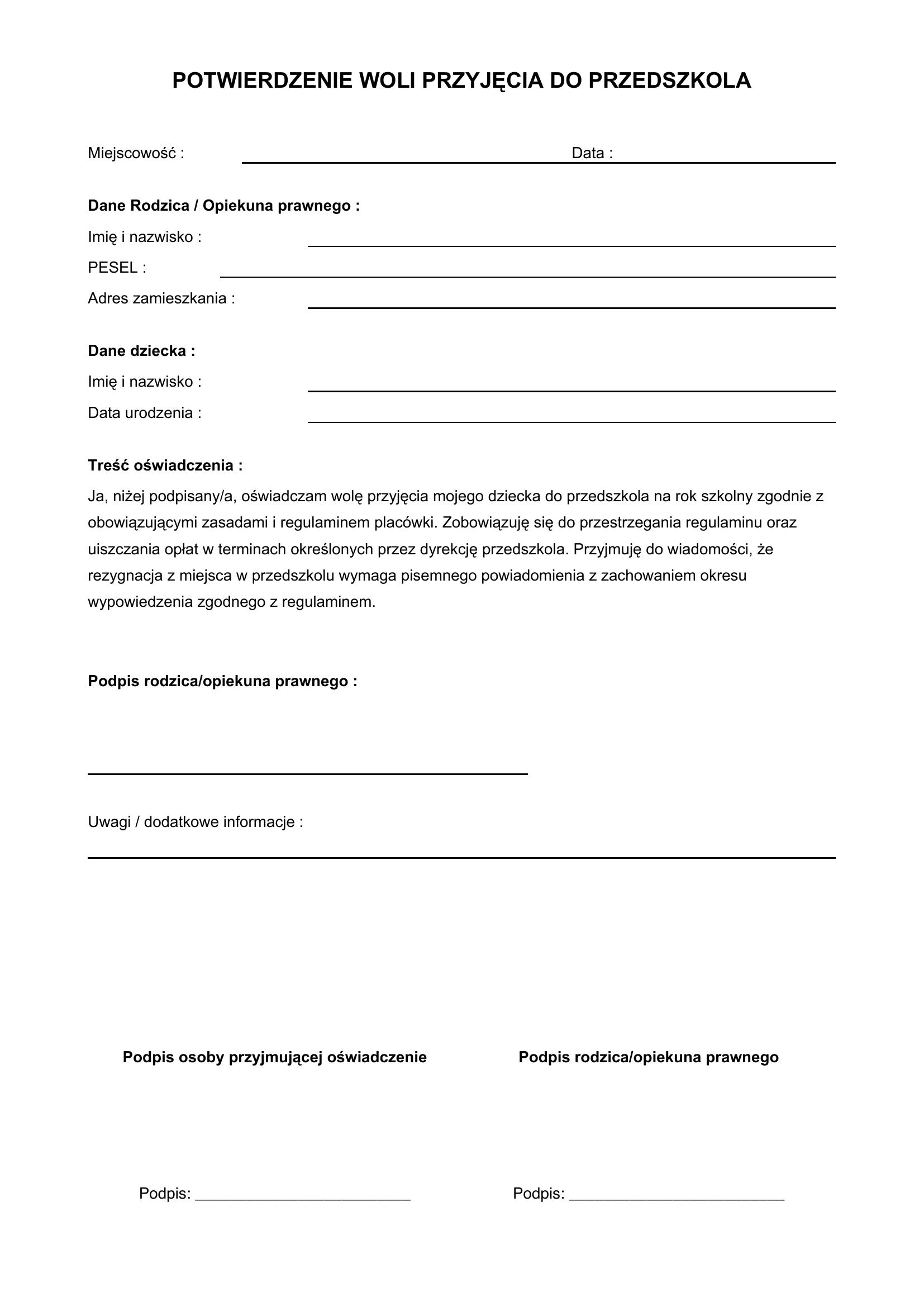Potwierdzenie Woli Przyjęcia Do Przedszkola Wzór