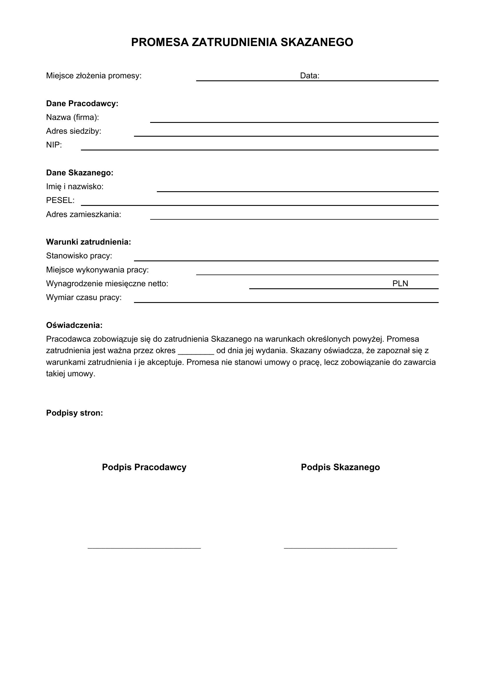 Promesa Zatrudnienia Skazanego Wzór
