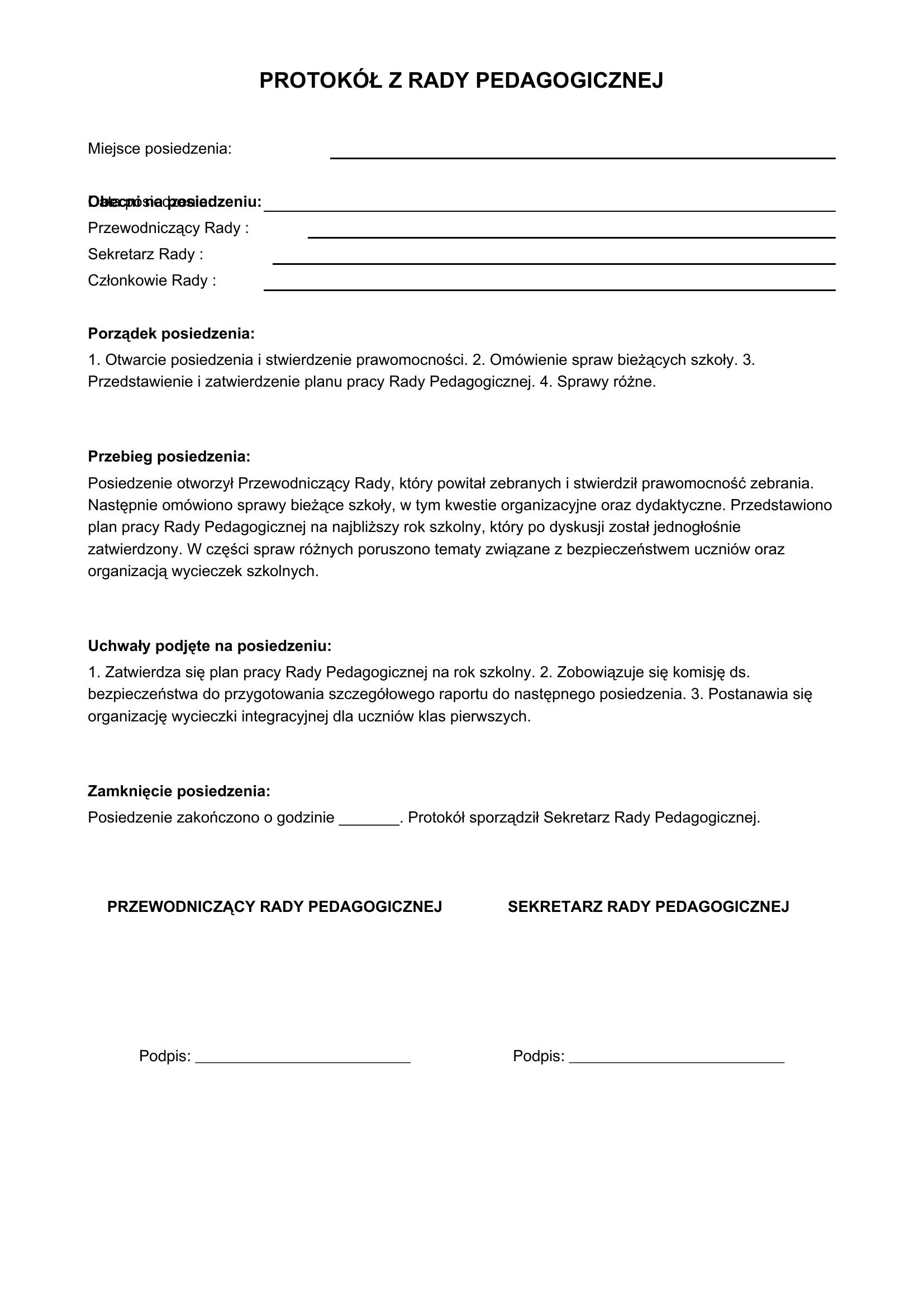 Protokół Z Rady Pedagogicznej Wzór