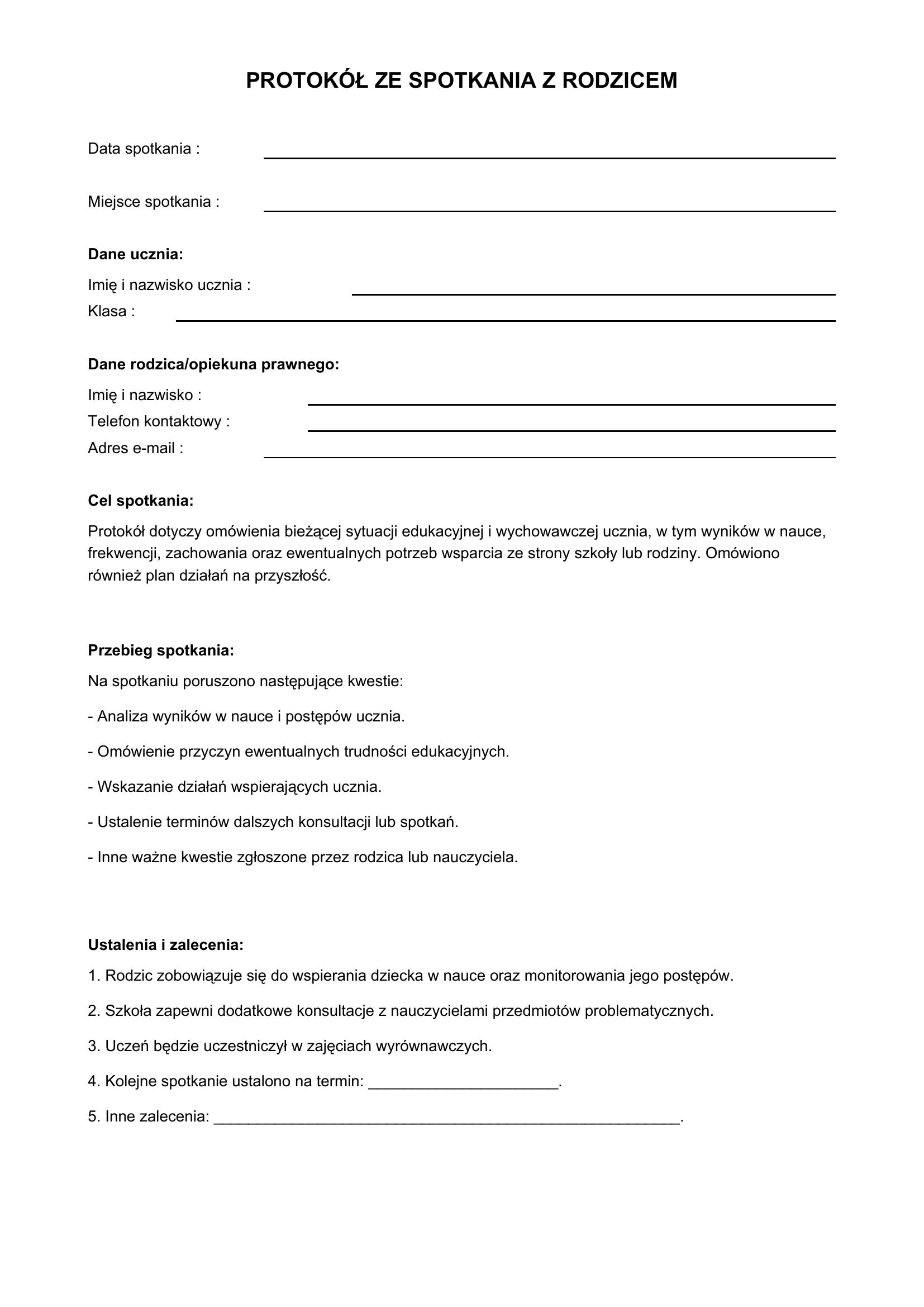 Protokół Ze Spotkania Z Rodzicem Wzór