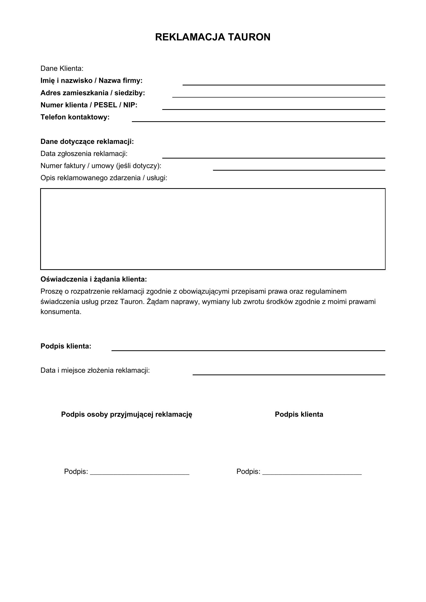 Reklamacja Tauron Wzór
