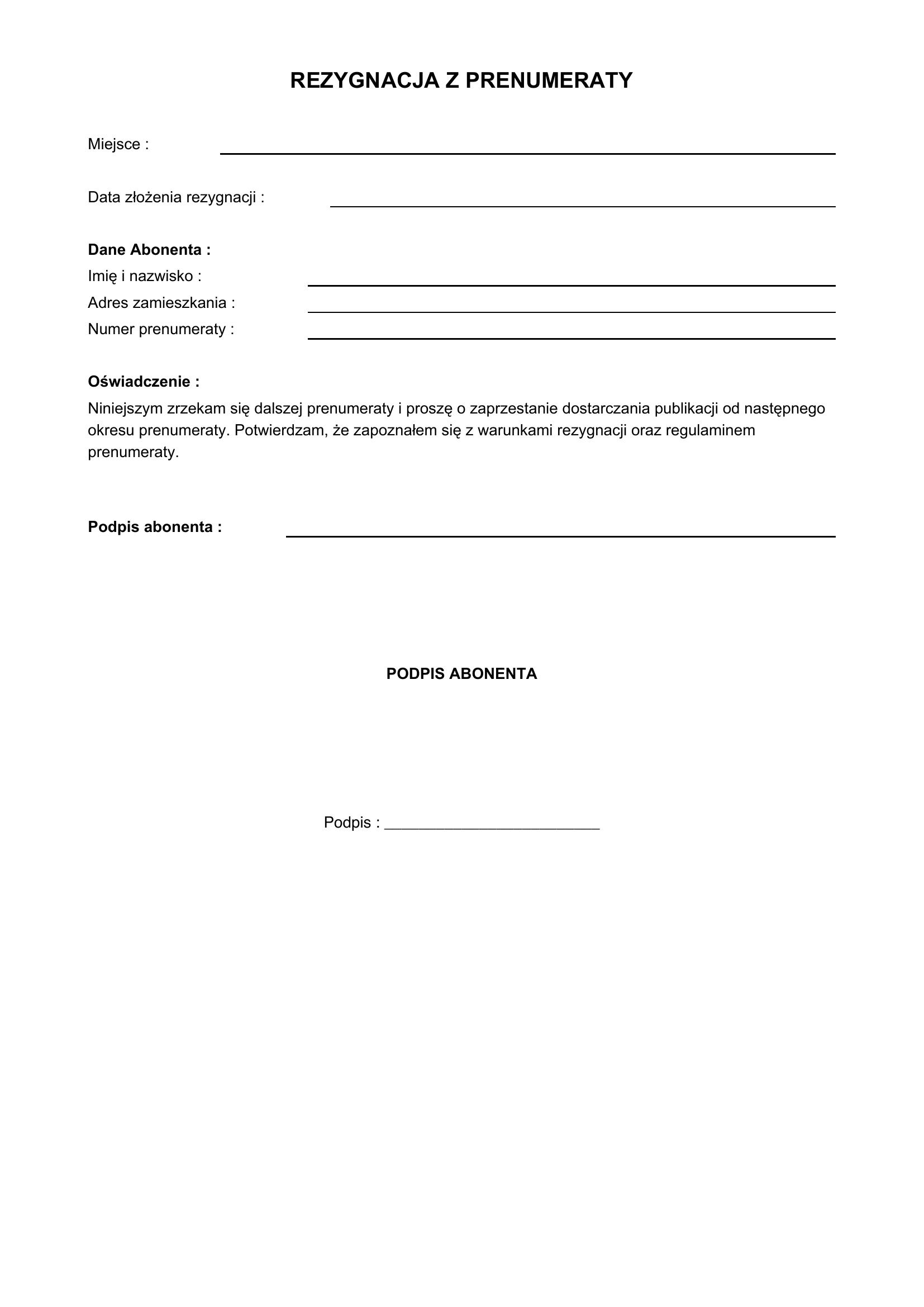 Rezygnacja Z Prenumeraty Wzór