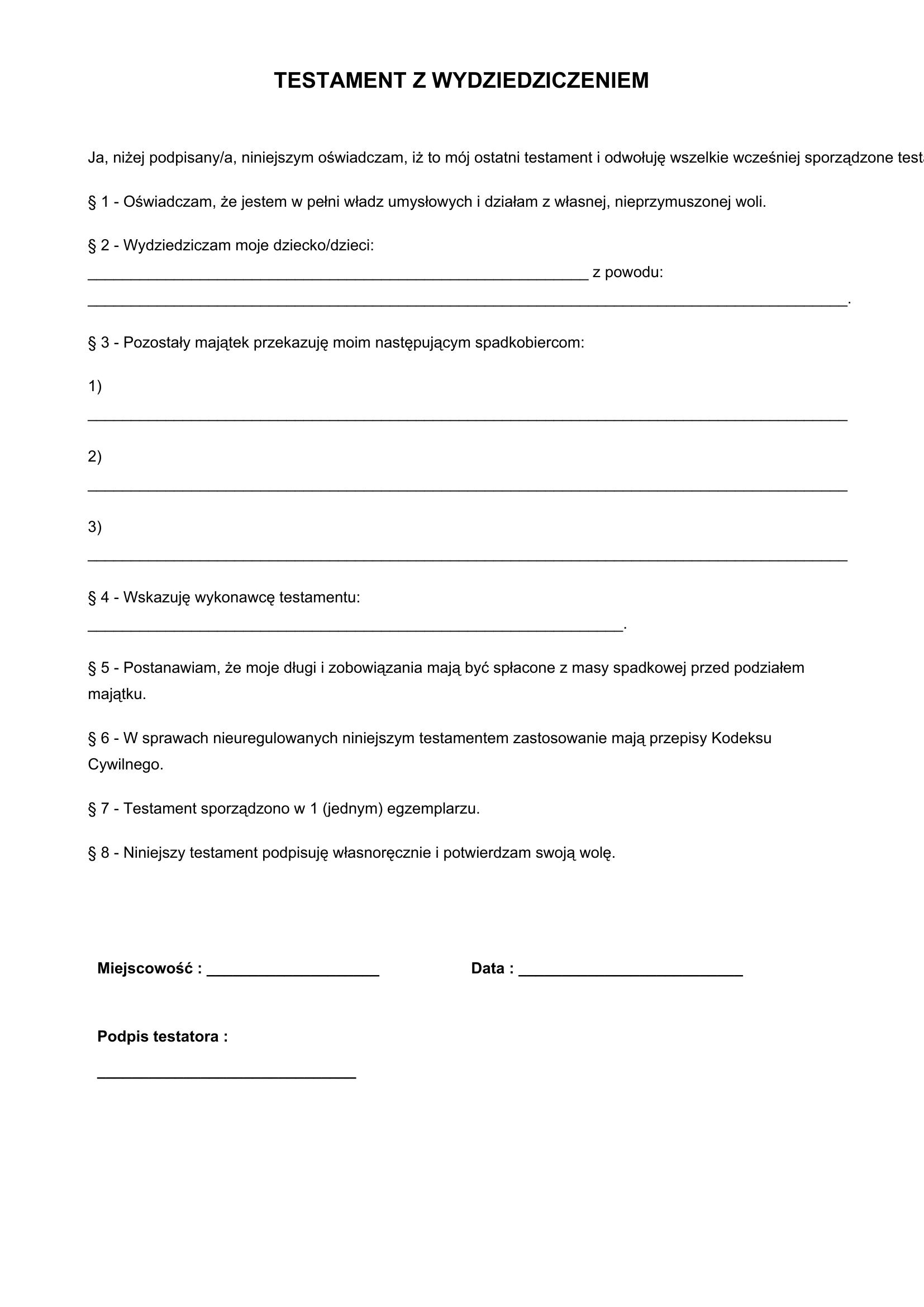 Testament Z Wydziedziczeniem Wzór