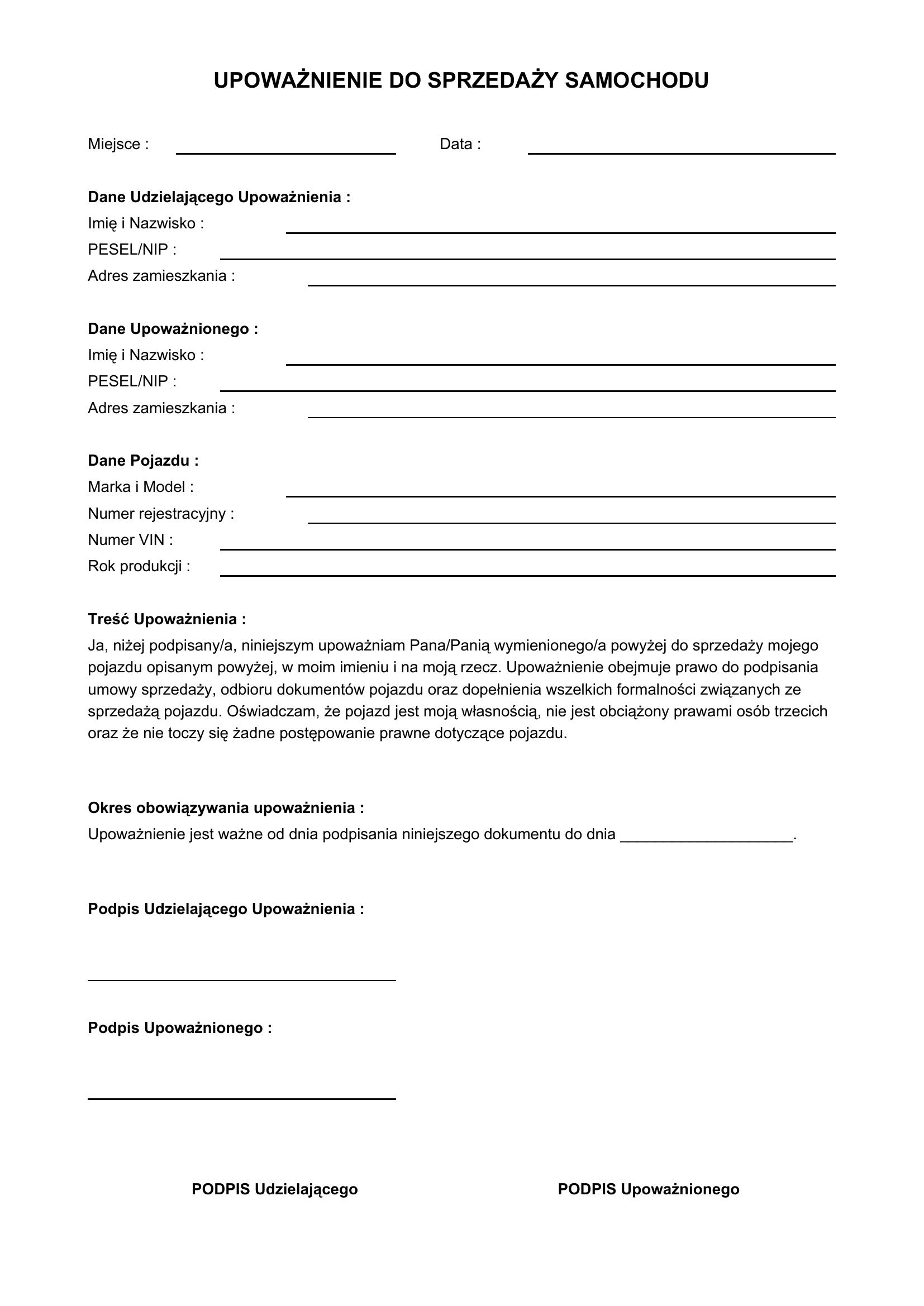 Upoważnienie Do Sprzedaży Samochodu
