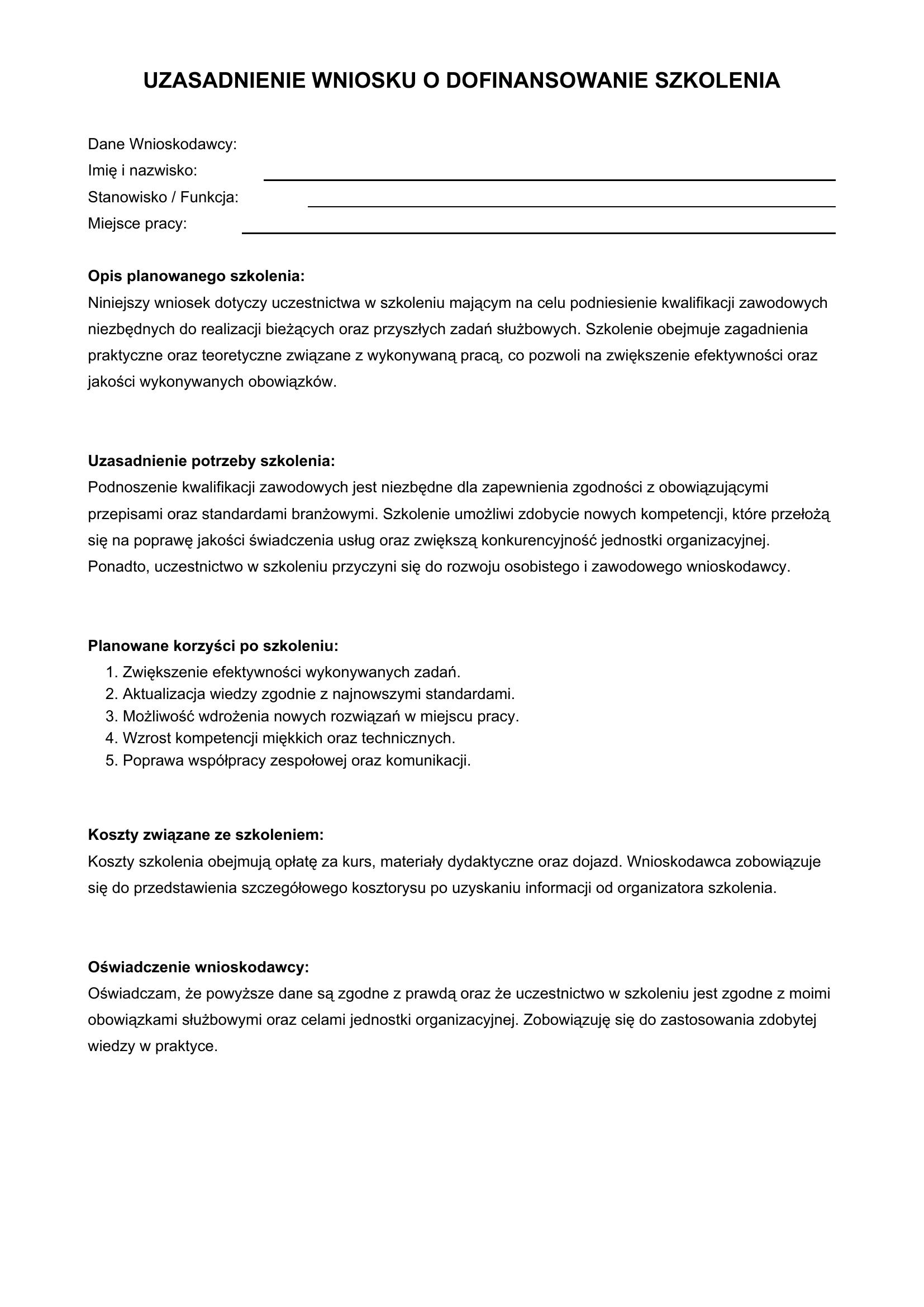 Uzasadnienie Wniosku O Dofinansowanie Szkolenia Przykład