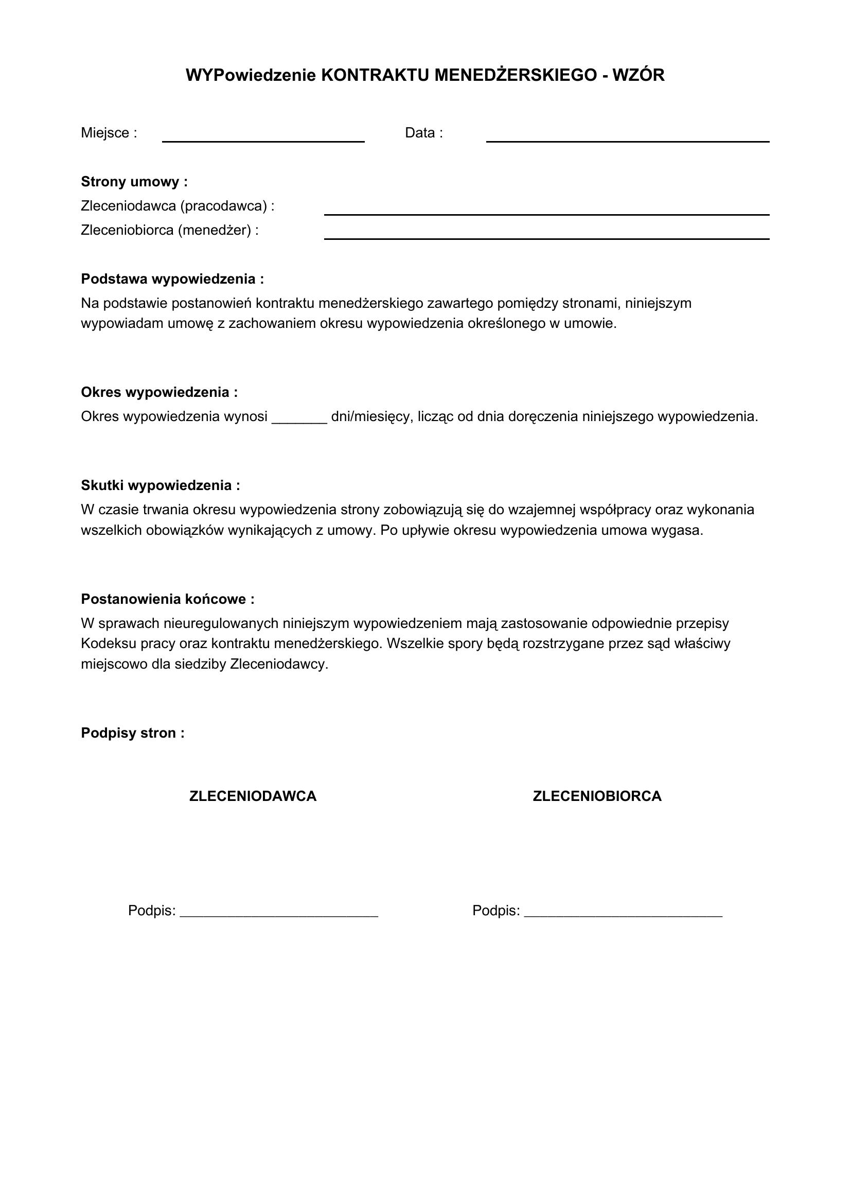 Wypowiedzenie Kontraktu Menedżerskiego Wzór