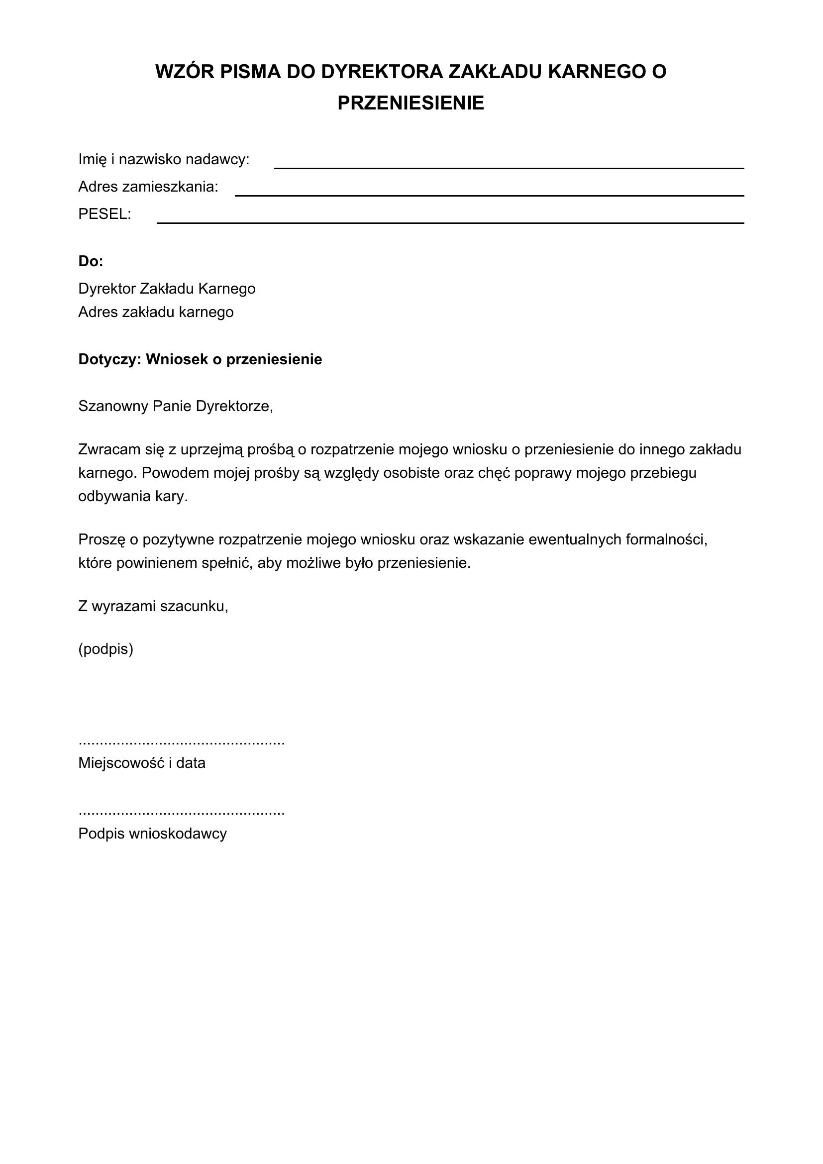 Wzór Pisma Do Dyrektora Zakładu Karnego O Przeniesienie