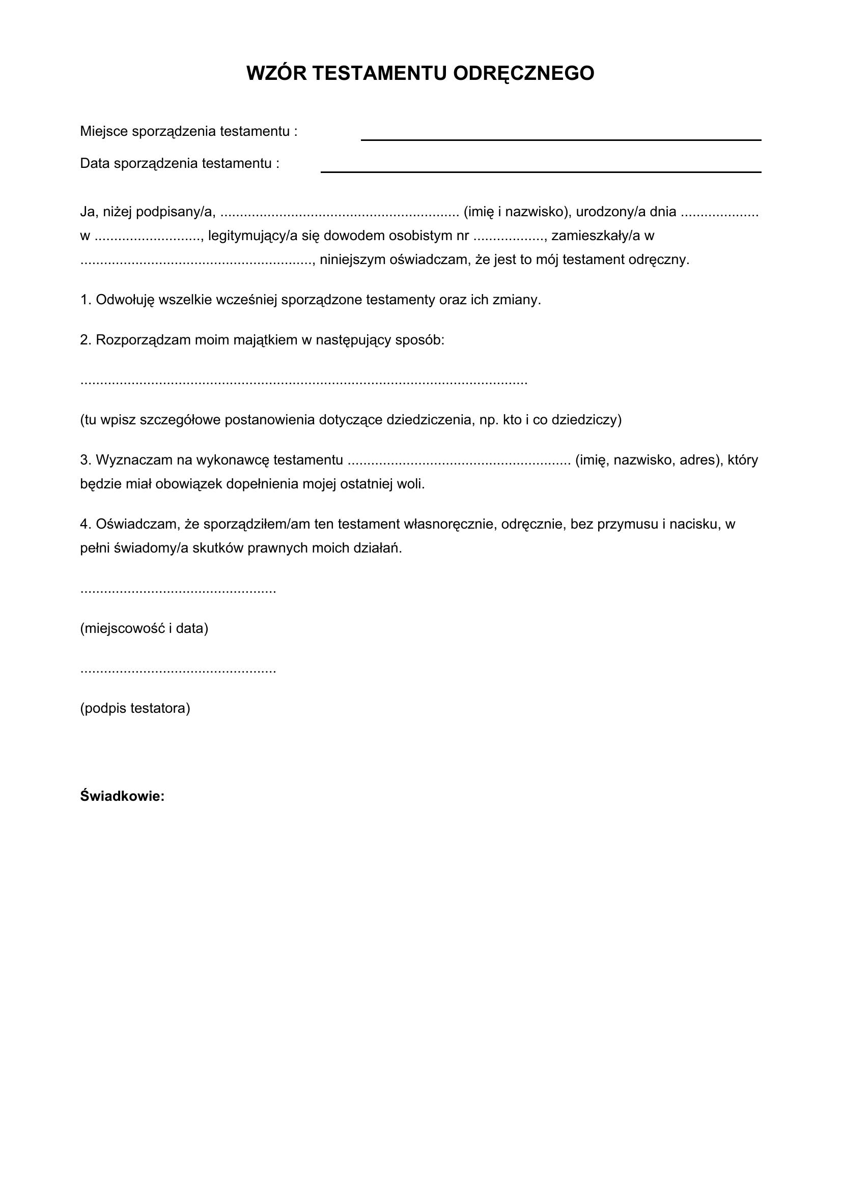 Wzór Testamentu Odręcznego