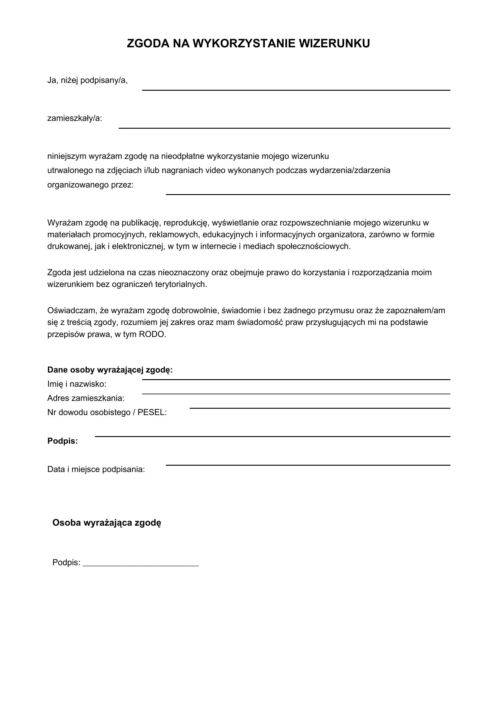 Zgoda Na Wykorzystanie Wizerunku - Wzór